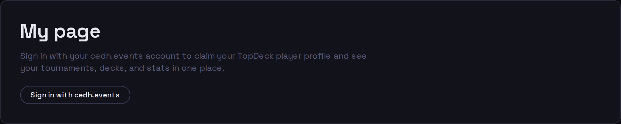 Signed-out My page with a Sign in with cedh.events button
