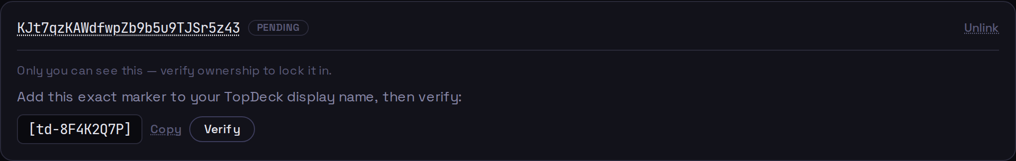Pending link showing a marker token, Copy and Verify buttons