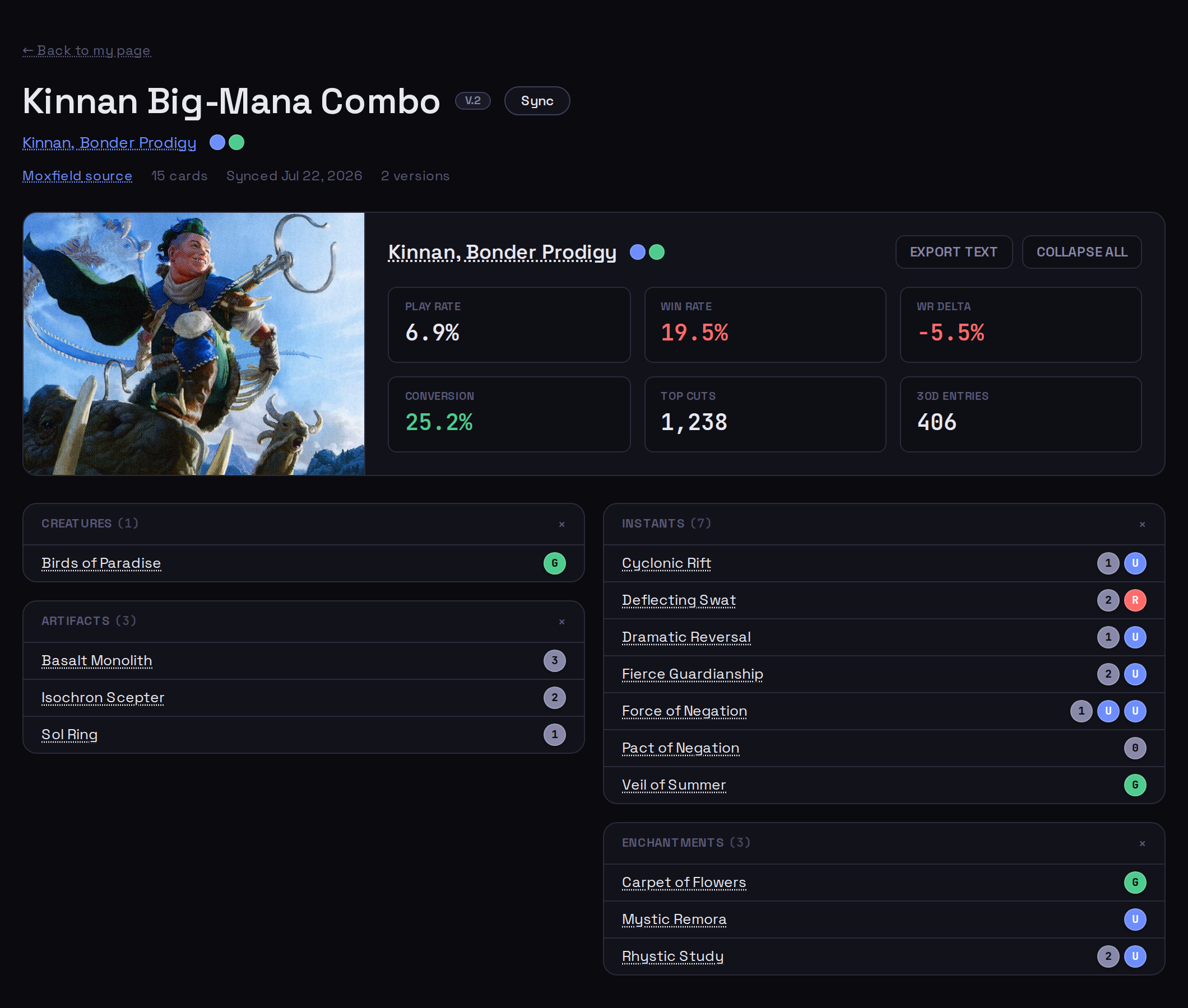 Imported deck detail page showing commander stats and a categorized card list