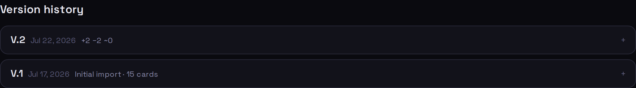 Version history listing V.2 and V.1 with change summaries